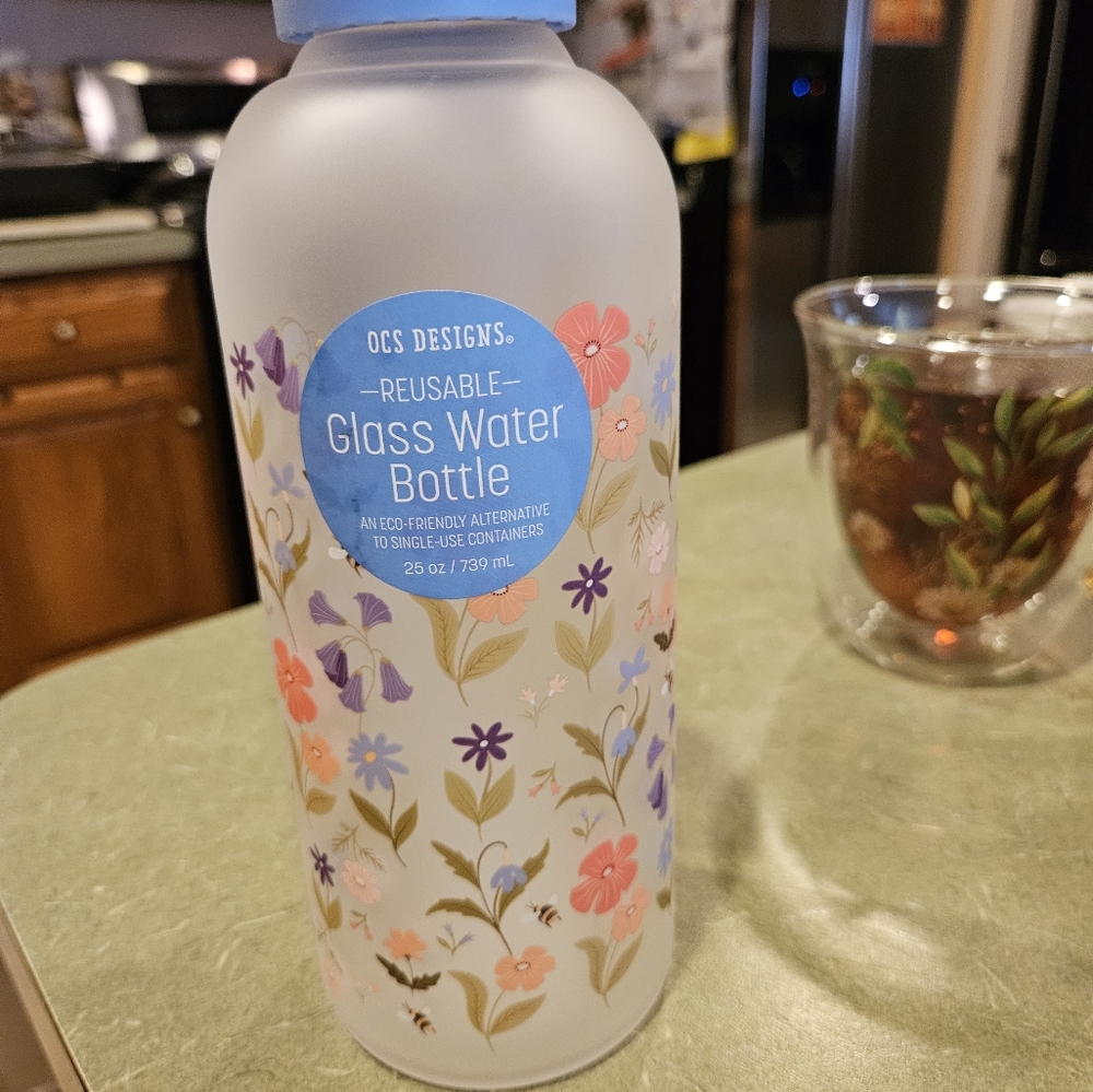 OCS Floral Glass Water Bottle - Blue and Pink